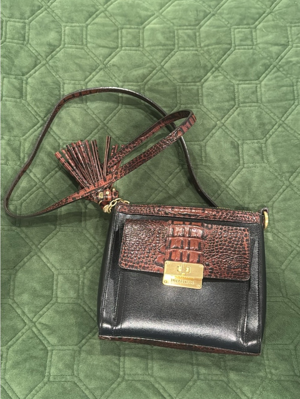 Brahmin Black Leather Crossbody with Brown Croc-Embossed Flap